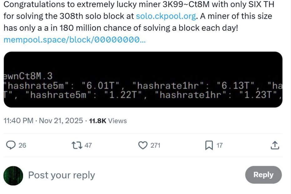 این ماینر انفرادی خوش شانس بیت کوین ۲۶۶،۰۰۰ دلار پاداش گرفت!